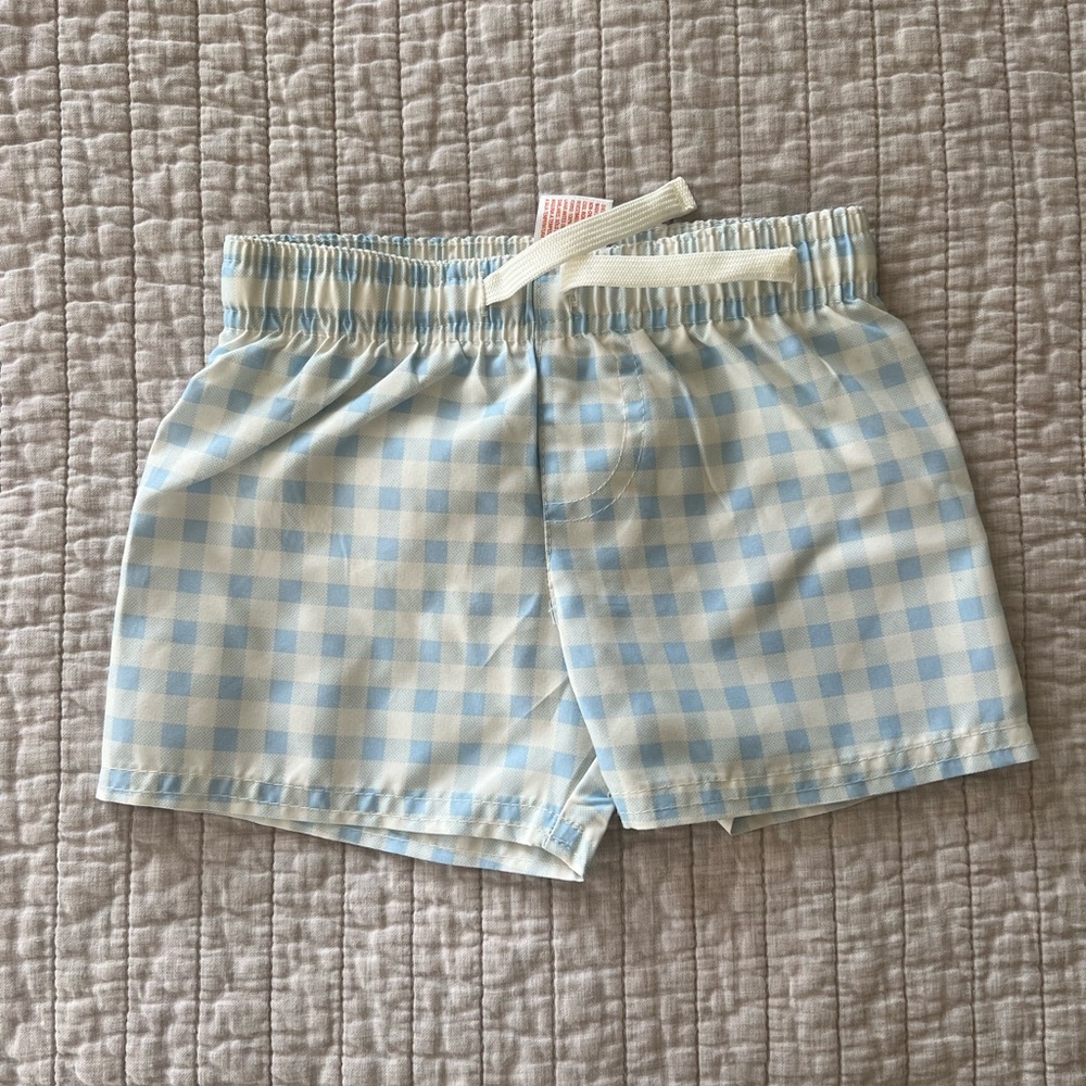 Toddler blue gingham swim trunks